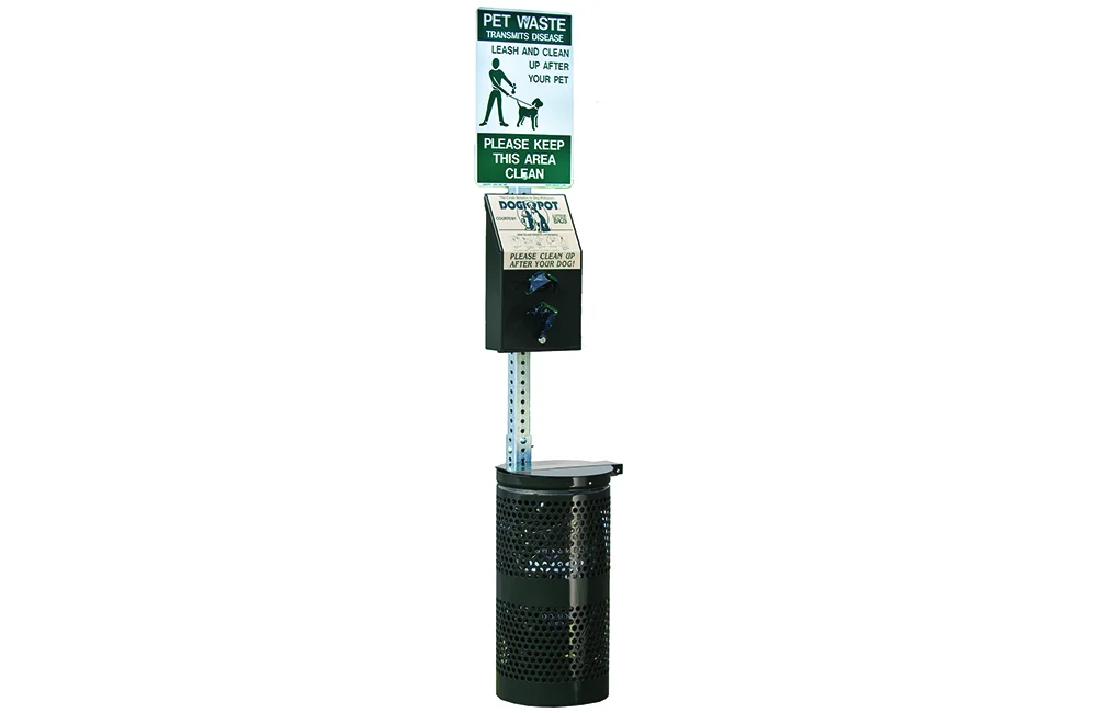 Pet waste station with instructions and a trash can.