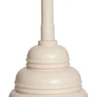 Beige toilet plunger with a white handle and black button.