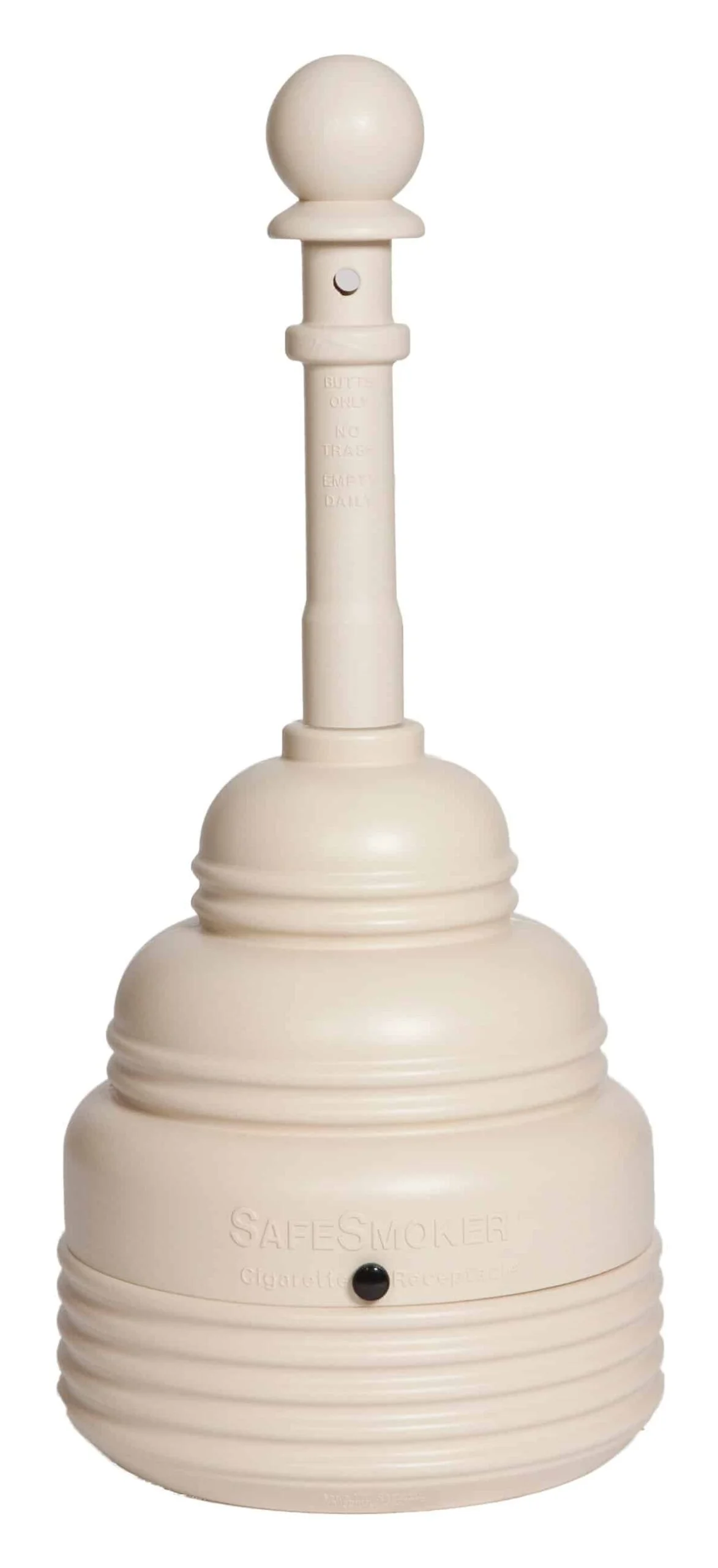 Beige toilet plunger with a white handle and black button.