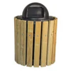 Wooden trash can with a black lid.