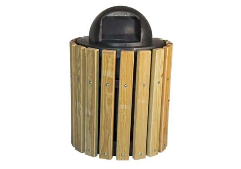 Wooden trash can with a black lid.