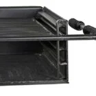 Black grill pan with handle and metal frame.