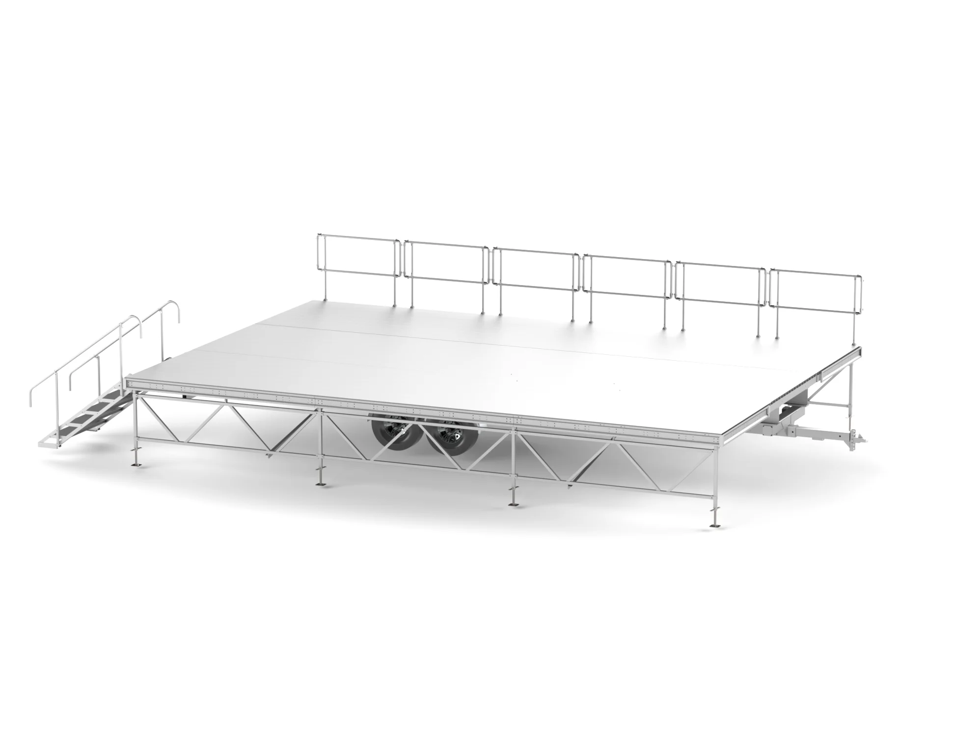Stage platform with ramp and safety rail.