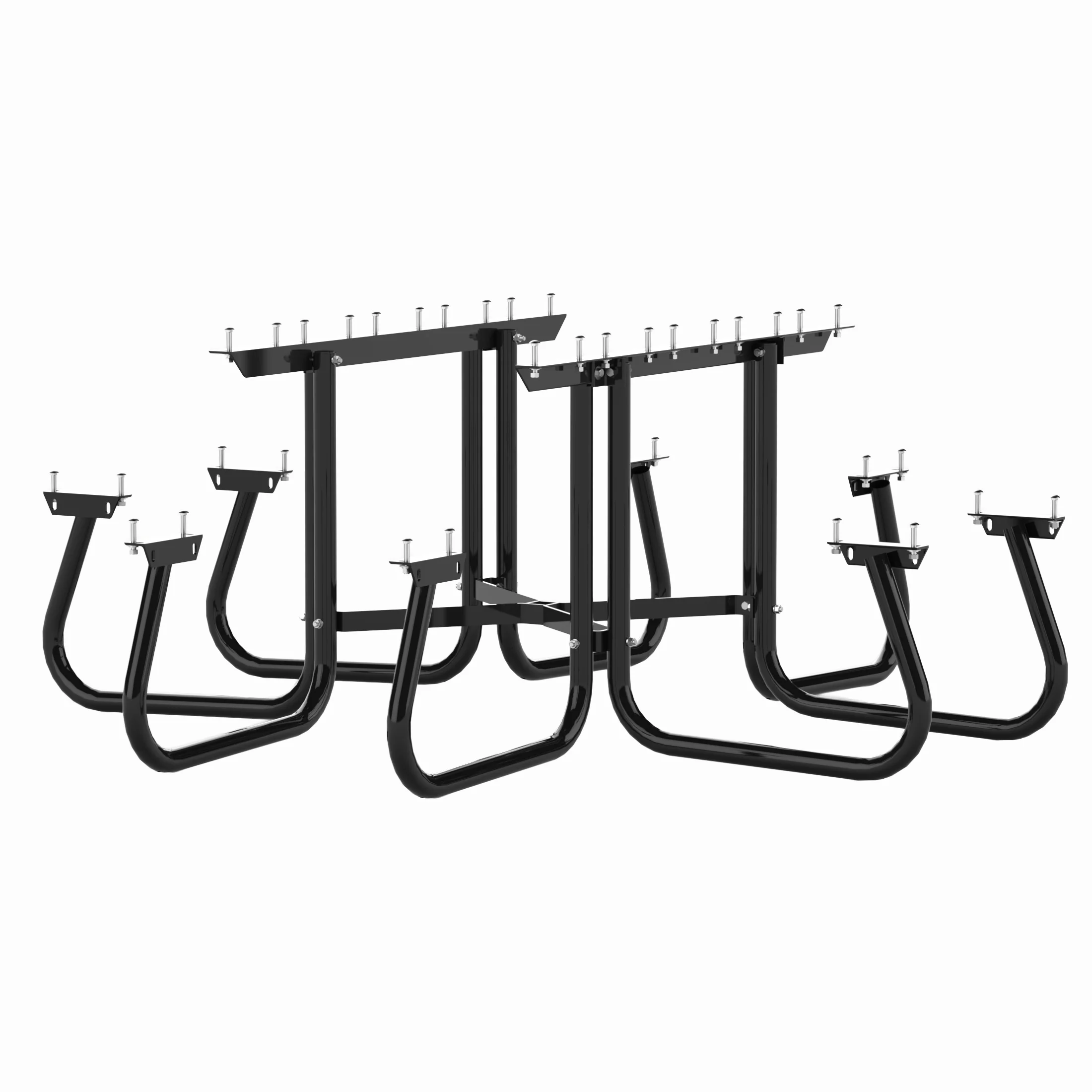 Black metal bike rack with multiple hooks.