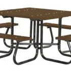 Outdoor picnic table with brown plastic seats and black metal legs.