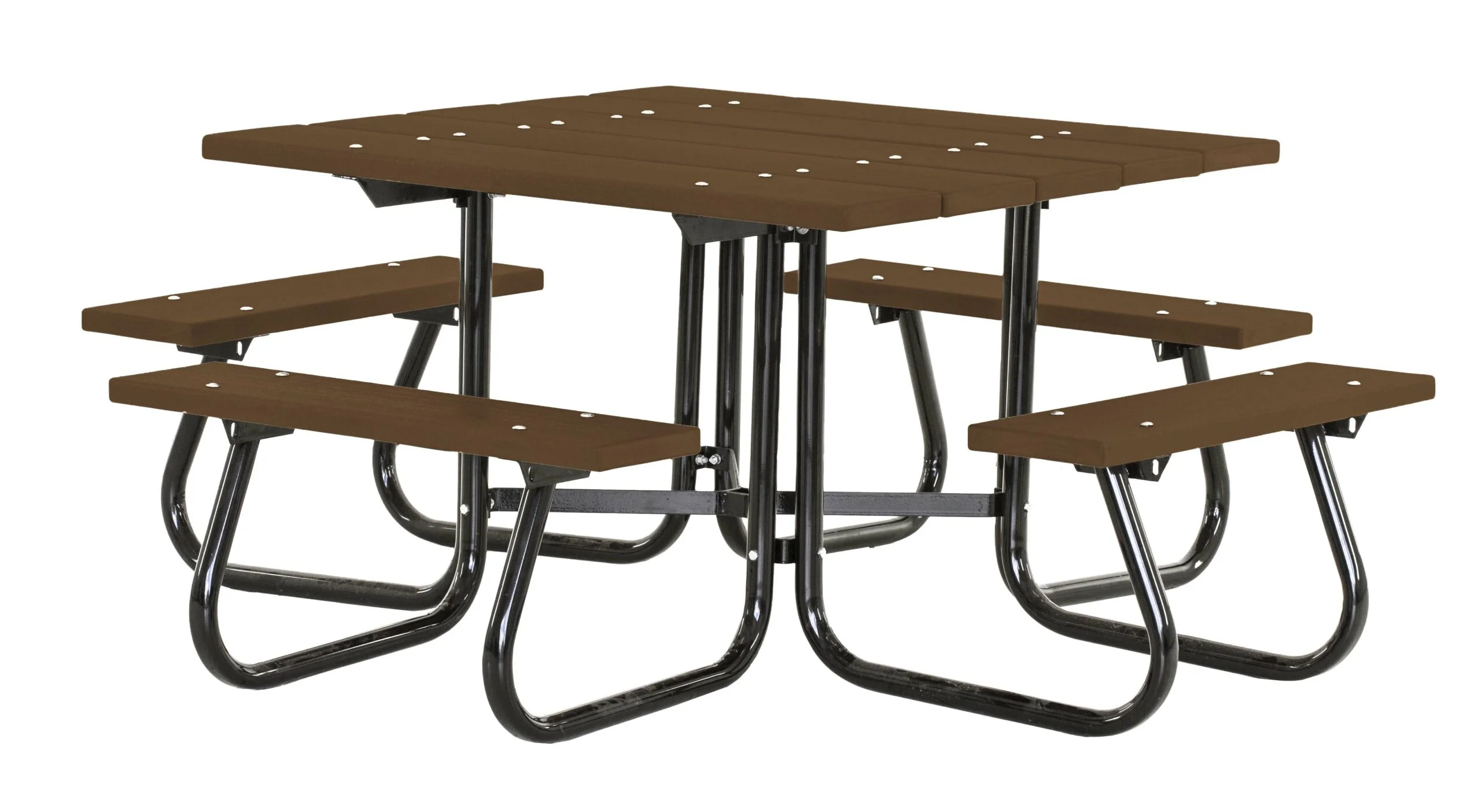 Outdoor picnic table with brown plastic seats and black metal legs.