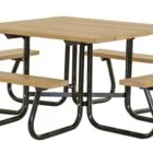 Wooden picnic table with black metal legs and four attached benches.