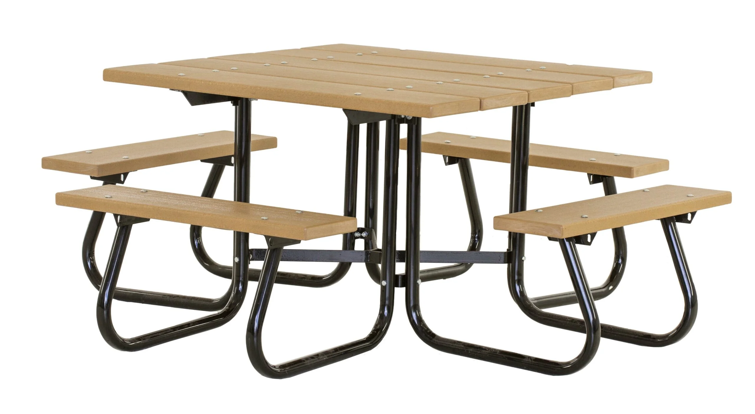 Wooden picnic table with black metal legs and four attached benches.