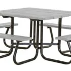 Outdoor picnic table with metal legs and gray plastic seats.