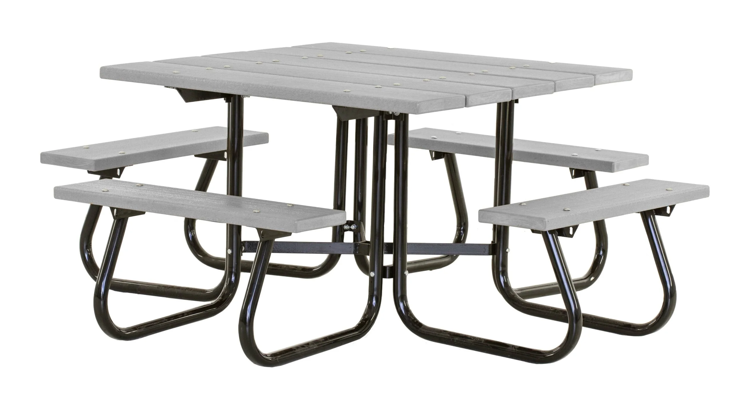 Outdoor picnic table with metal legs and gray plastic seats.