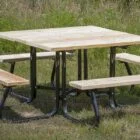 Outdoor picnic table with metal frame and wooden benches.