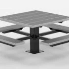 Outdoor picnic table with adjustable height and built-in benches.