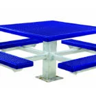 Blue picnic table with metal legs and benches.