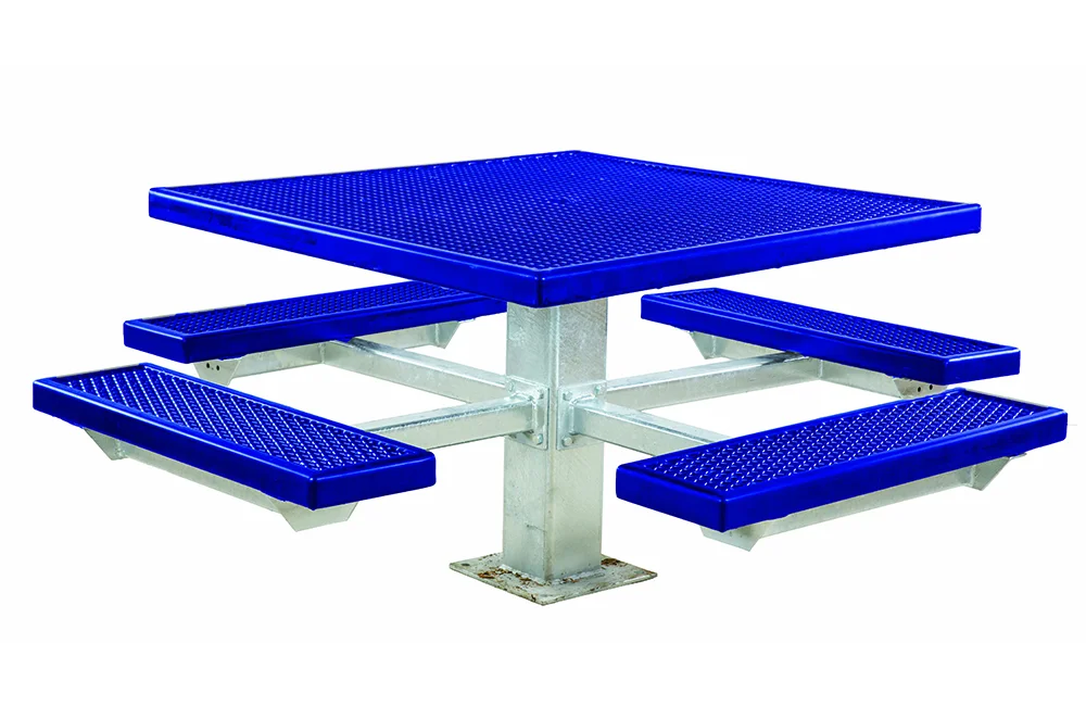 Blue picnic table with metal legs and benches.