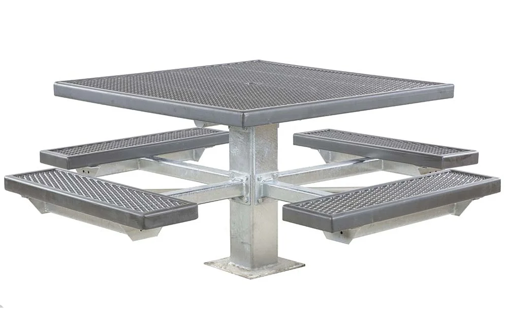 Aluminum picnic table with four seats and a mesh top.