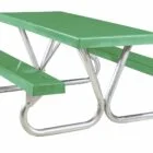 Green metal picnic table with stainless steel legs.