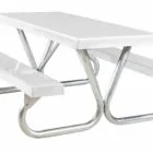 White picnic table with metal legs and benches.