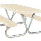 Beige picnic table with metal legs.