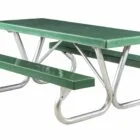Green picnic table with metal legs and benches.