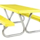 Yellow picnic table with metal legs and benches.