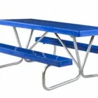 Blue picnic table with metal legs and benches.