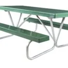 Green metal picnic table with silver legs and benches.