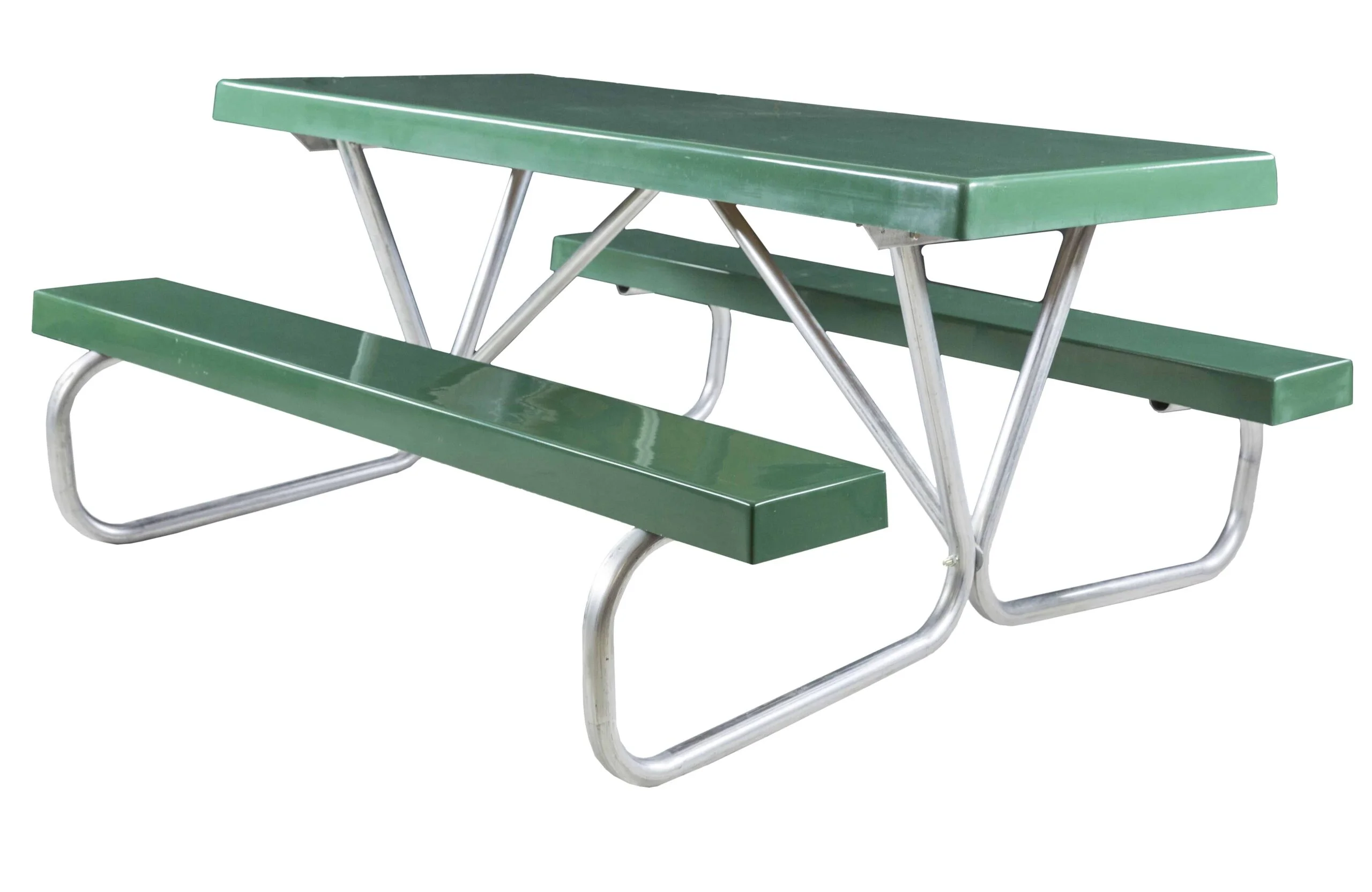Green metal picnic table with silver legs and benches.