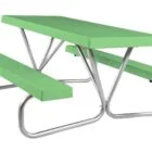 Green picnic table with metal legs and benches.