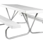 White picnic table with metal legs and benches.