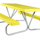 Yellow picnic table with metal legs and benches.