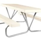 Beige picnic table with metal frame.