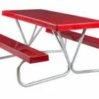 Red picnic table with metal legs and benches.