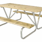 Wooden picnic table with metal legs and benches.
