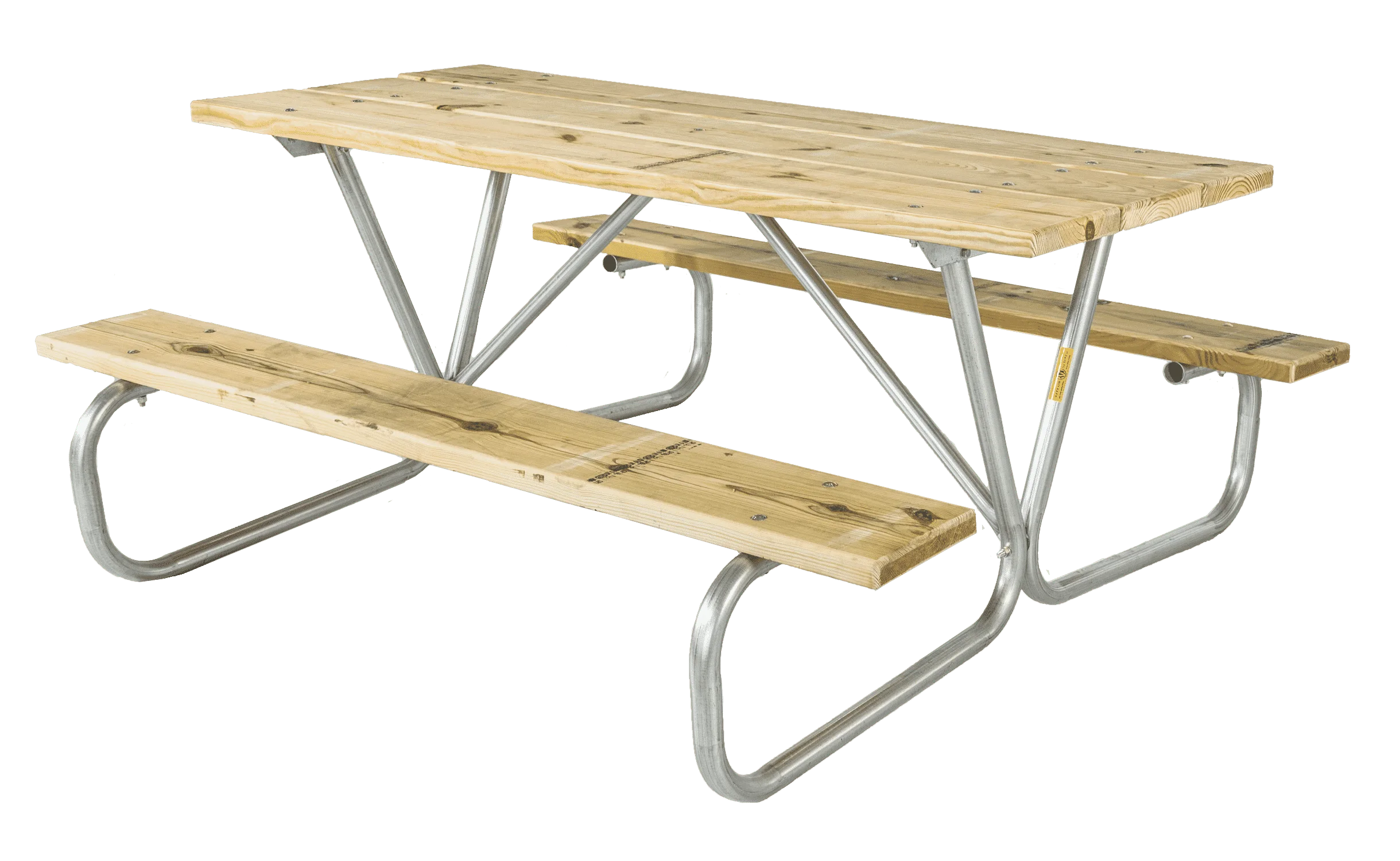 Wooden picnic table with metal legs and benches.