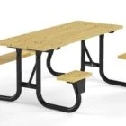 Wooden picnic table with black metal frame and bench seating.