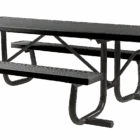 Black metal picnic table with perforated top and curved legs.