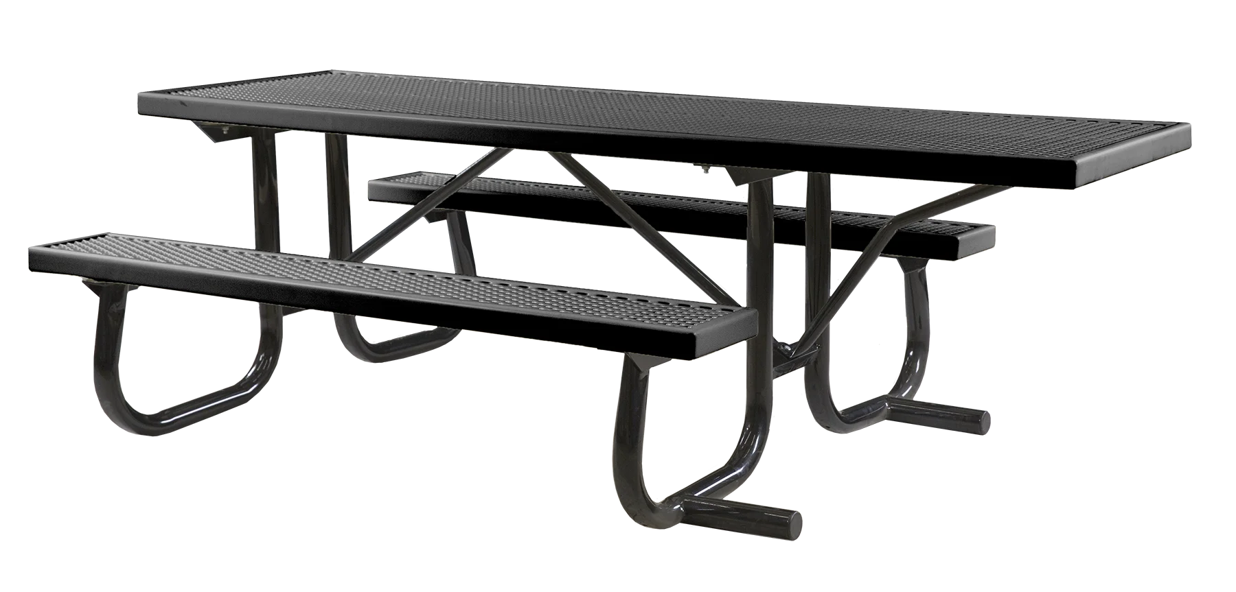 Black metal picnic table with perforated top and curved legs.