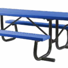 Blue picnic table with black metal legs and benches.