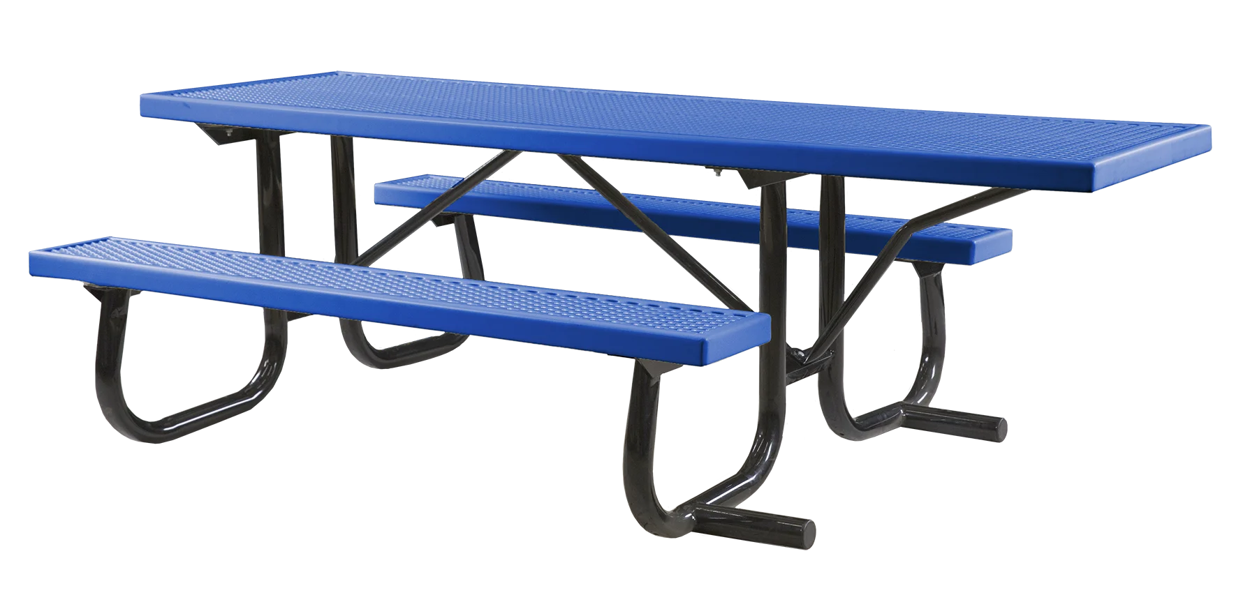Blue picnic table with black metal legs and benches.