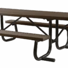 Outdoor picnic table with metal legs and perforated top.