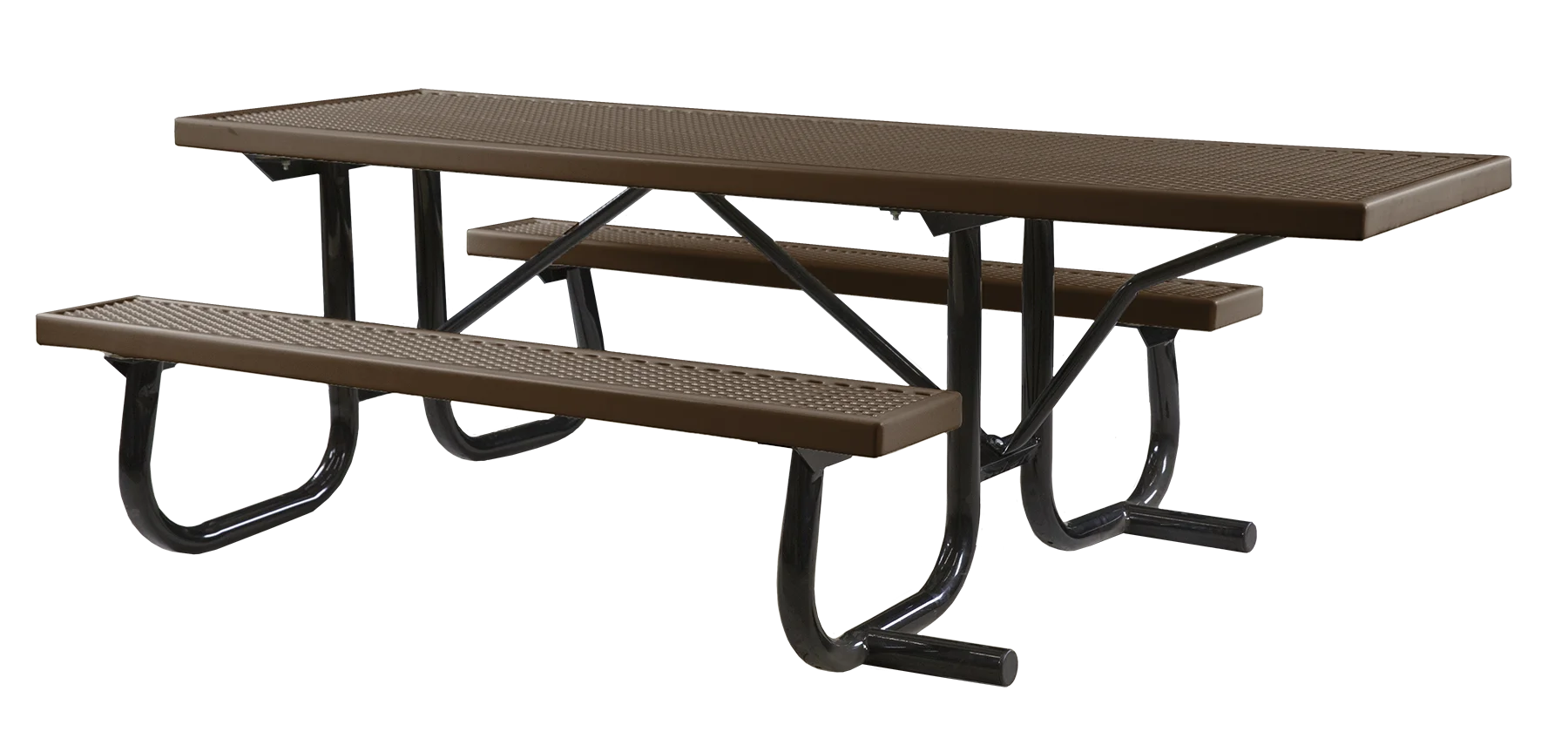 Outdoor picnic table with metal legs and perforated top.