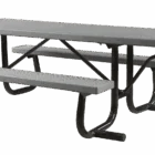 Metal picnic table with black metal legs and a textured top.