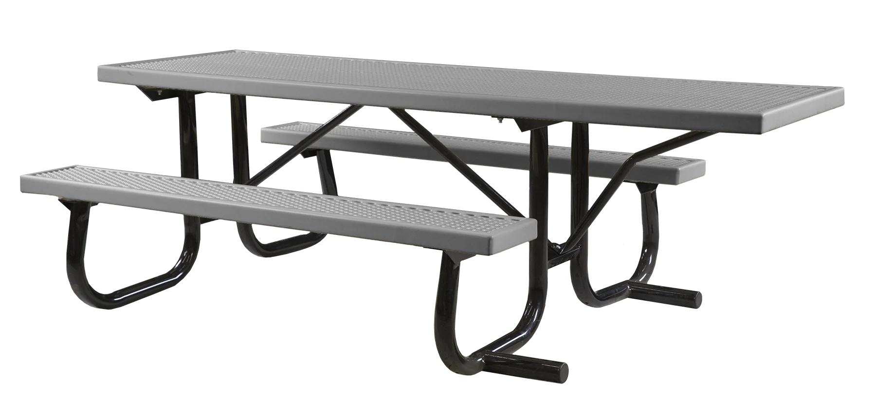 Metal picnic table with black metal legs and a textured top.