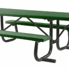 Green metal picnic table with black legs.