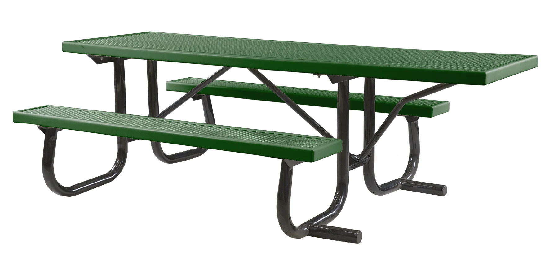 Green metal picnic table with black legs.