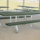 Outdoor picnic tables in a park setting.
