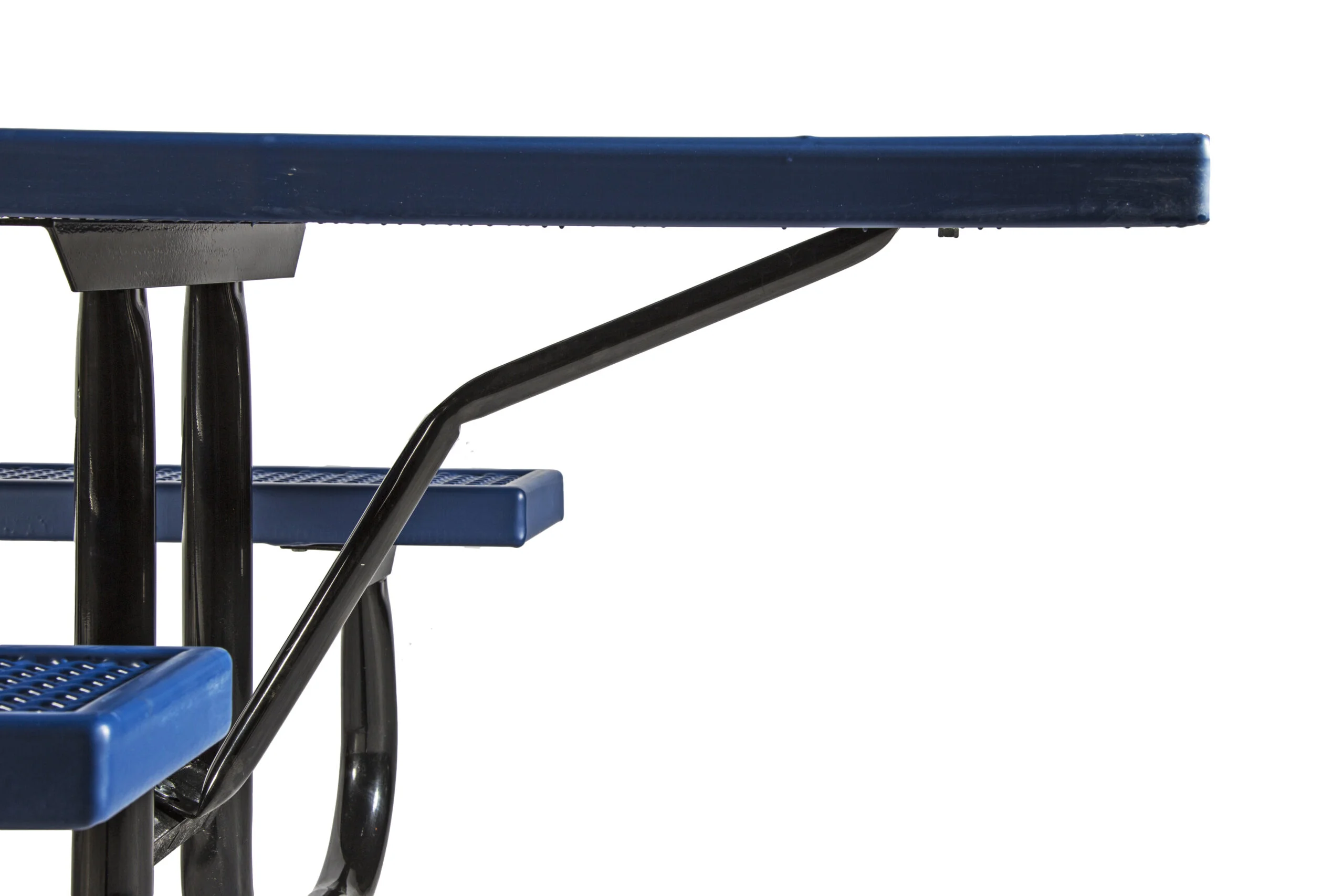 Blue and black metal table with a curved armrest.