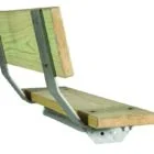 Wooden bench with metal armrests.
