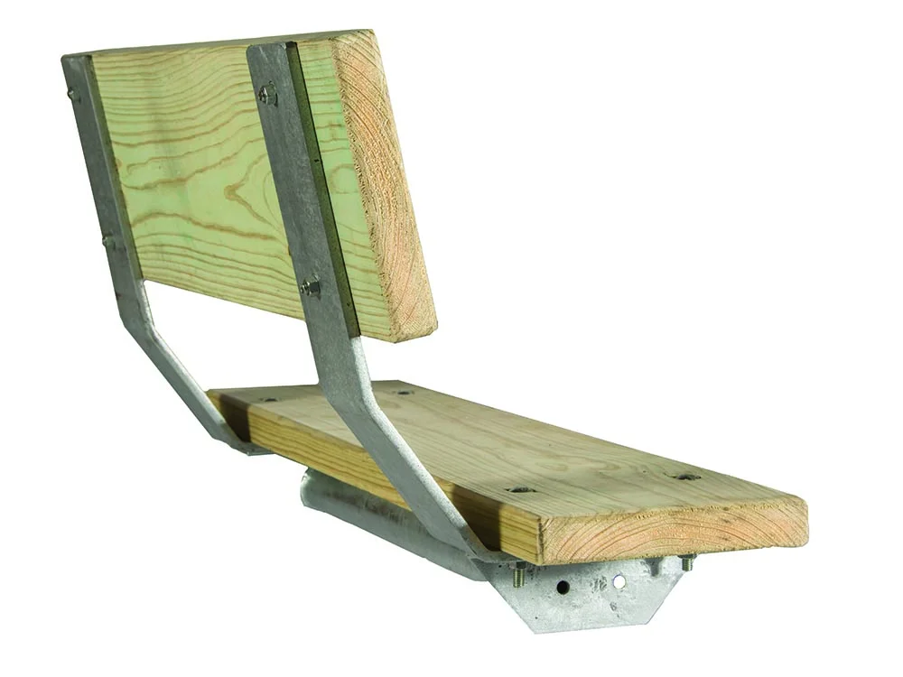 Wooden bench with metal armrests.