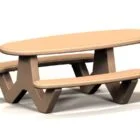 Oval picnic table with benches and a light wood finish.